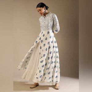 NEW Kalki Front Slit Kurta White Blue Cotton Geometric Size 2? NWOT